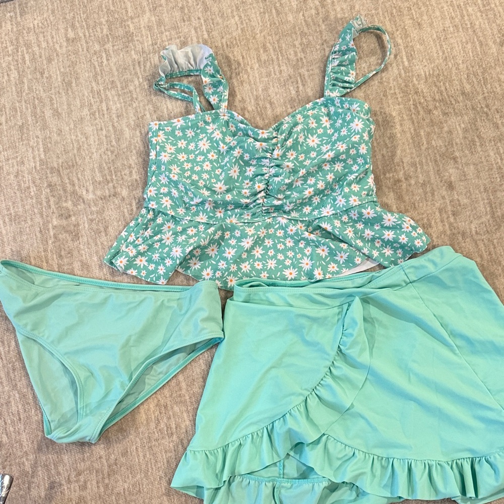 Floral Green Bikini Set with Skirt